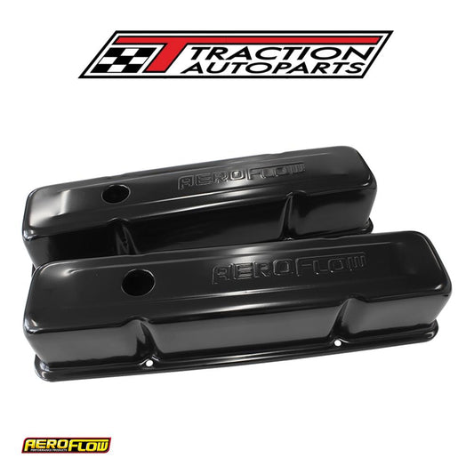 Steel Valve Covers, Sbc Tall Black With Aeroflow Logo