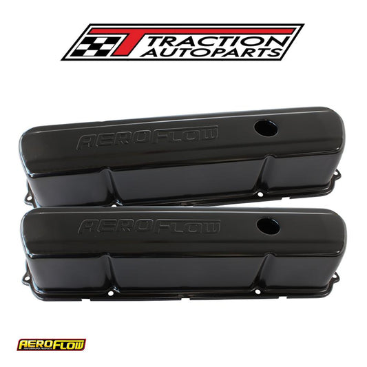 Steel Valve Covers, 253 308 Black With Aeroflow Logo