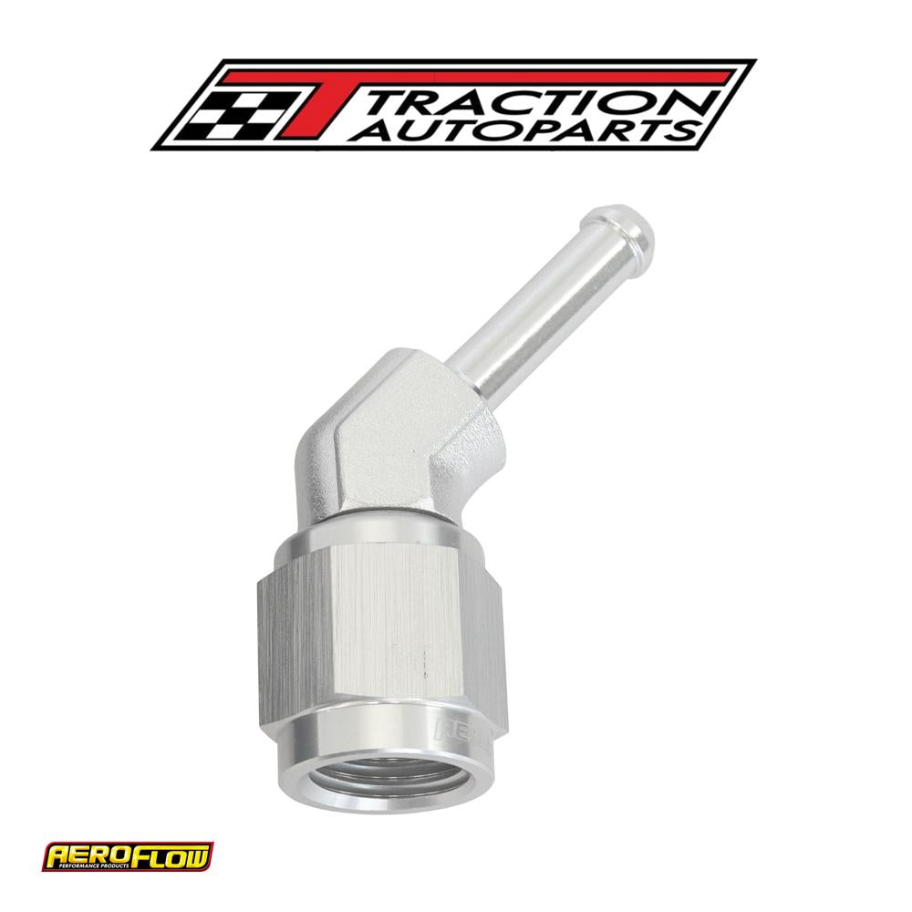 Female -4 an 45 Deg To 3/16" Barb Silver With Tube Nut