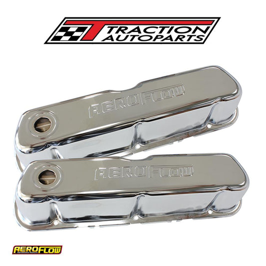 Steel Valve Covers, Sbf Chrome With Aeroflow Logo