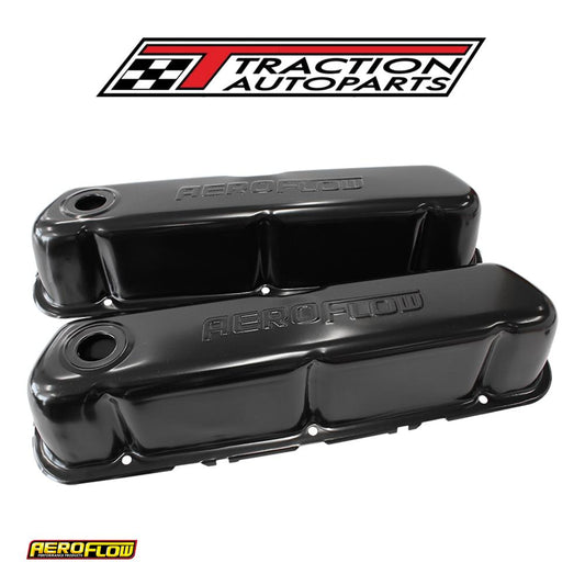 Steel Valve Covers, Sbf Black With Aeroflow Logo