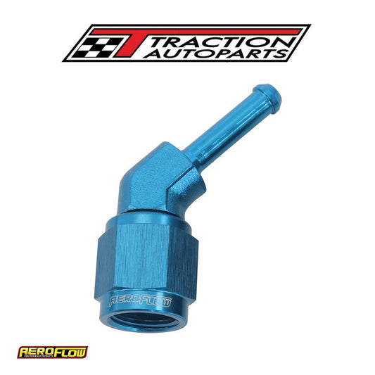Female -4 an 45 Deg To 3/16" Barb Blue With Tube Nut