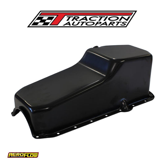 Steel Stock Oil Pan Sbc Black Rh/side Dipstick Rear Sump