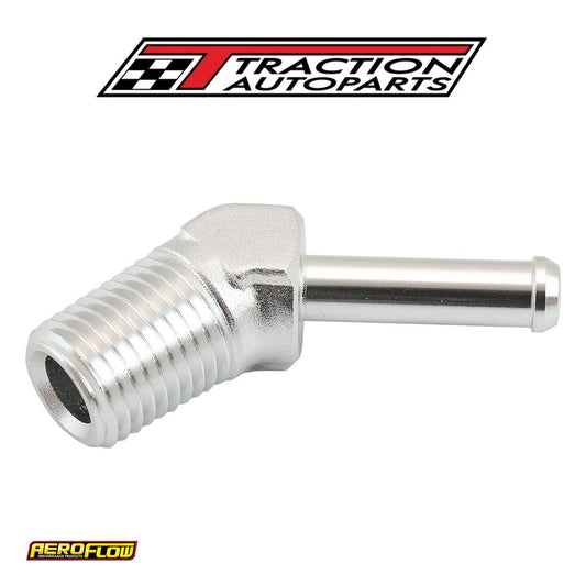 Male 1/4" Npt To 1/4" Barb Silver 45 Degree Male To Male